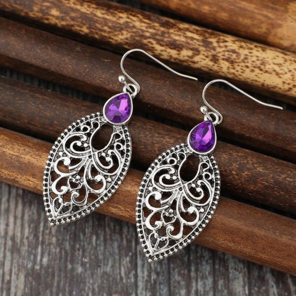 Silver Purple Crystal Boho Drop Earrings